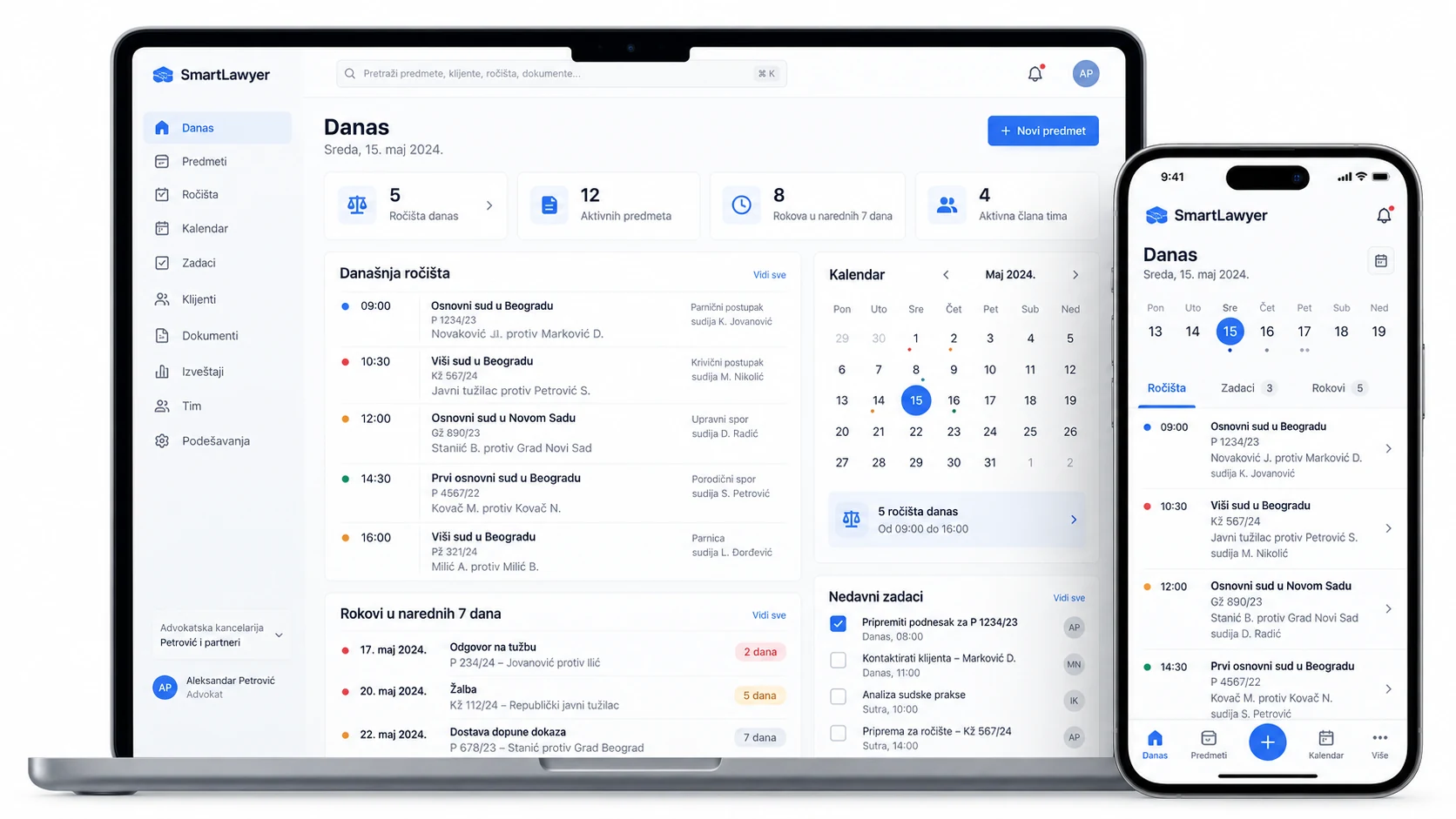 SmartLawyer — Cases · Hearings · Deadlines · Teamwork