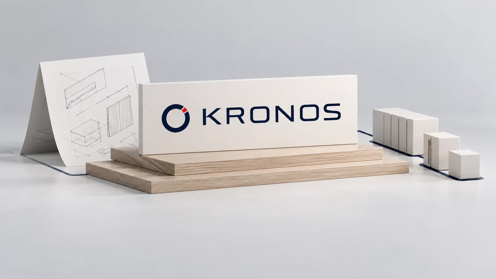 Kronos brand illustration with wood panels, an abstract technical drawing, and connected modules.